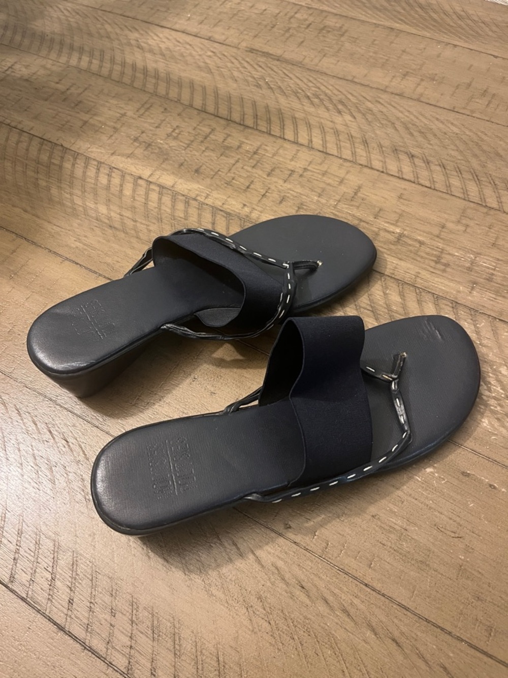 Navy Wedge Flip Flops with White Stitch Detailing